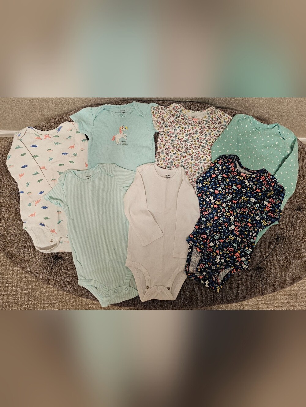 Mixed Lot of 7 Carter's Baby Girl Onesies SS/LS Blues - 18 Months